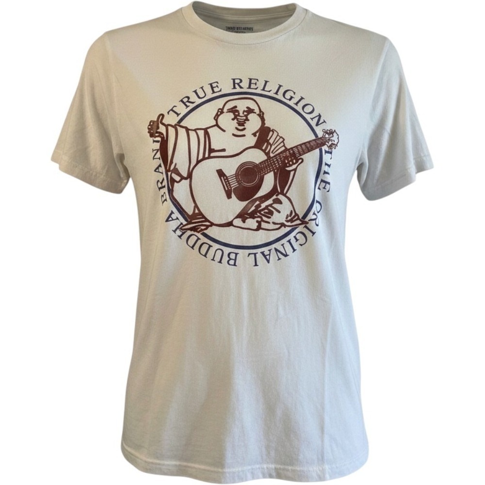 Mens T-Shirt XL White Short Sleeve True Religion Buddha Guitar Graphic